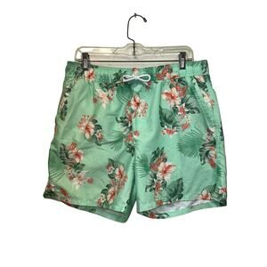 Forever 21 Swim Trunks Large Green Tropical Floral Shorts Drawstring Beach Pool